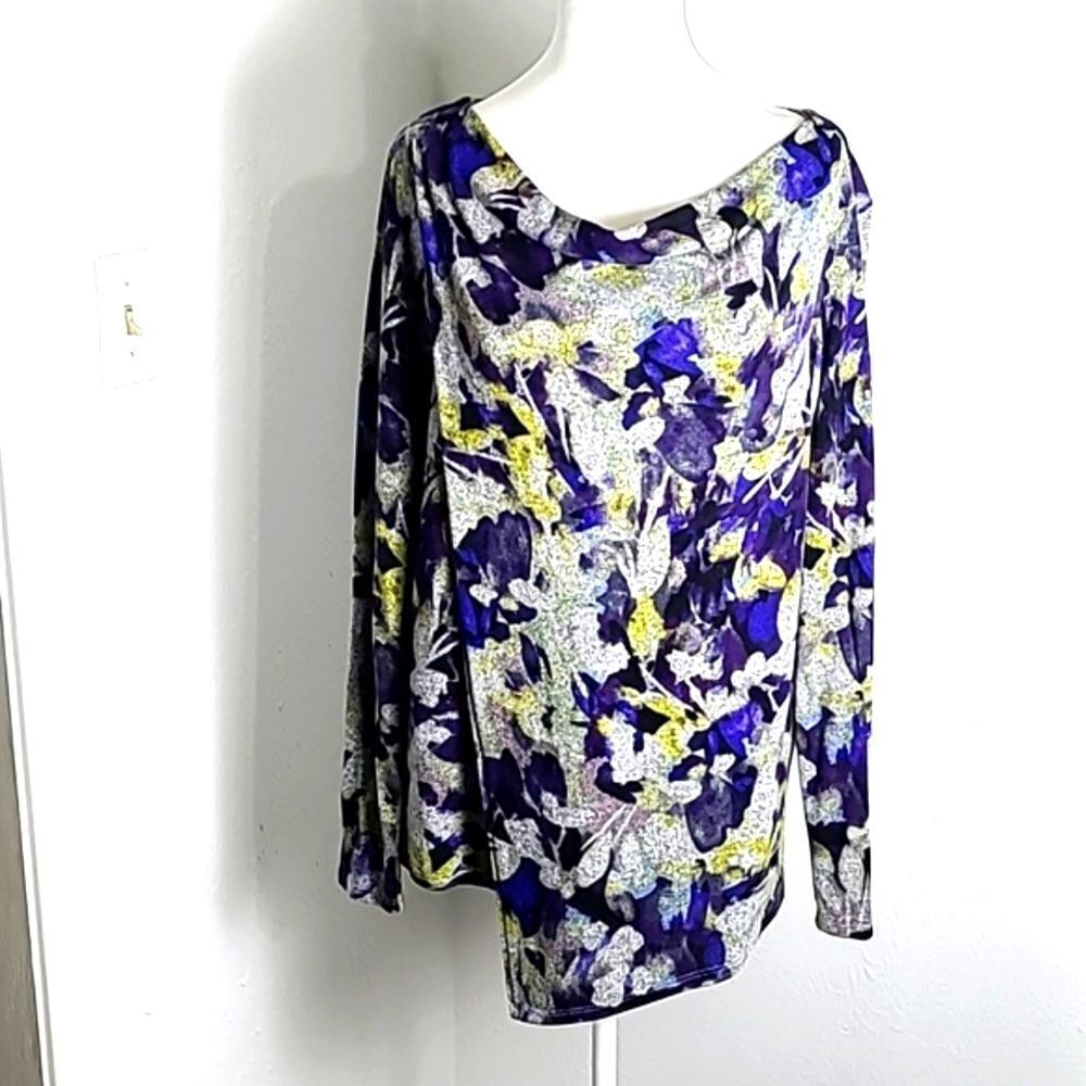 Simply Vera Asyemetrical Top, Cowl Neck,Floral,Gray, Purple & Yellow, Size Large